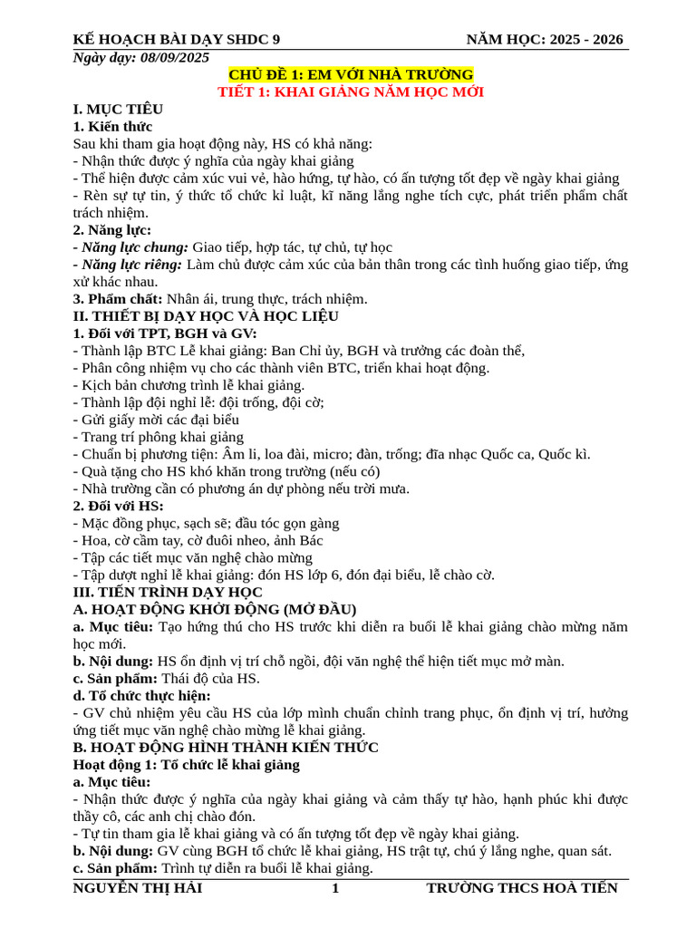SHDC 9C TUẦN 1 | PDF