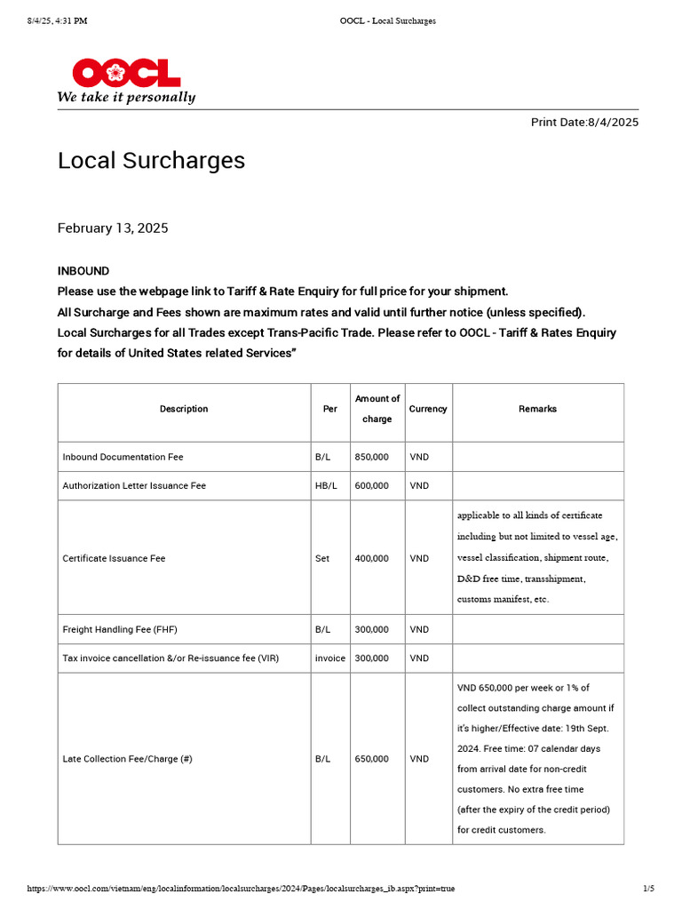 OOCL Inbound Local Surcharges 2024 | PDF | Fee | Cargo