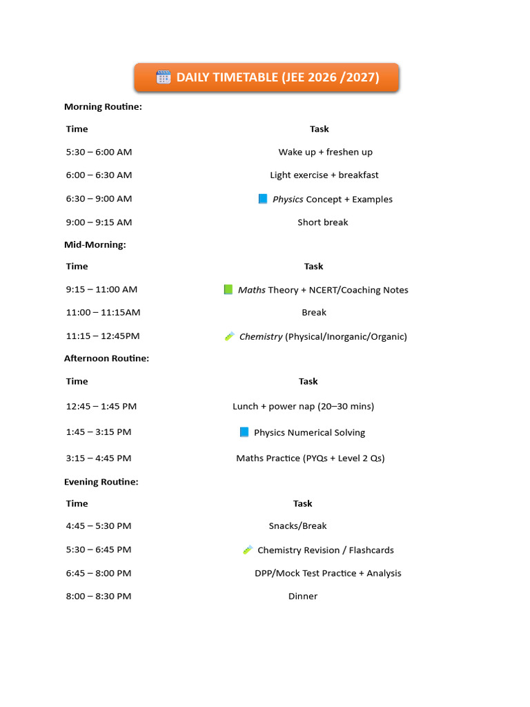 JEE Daily Study Timetable Guide | PDF | Chemistry | Physical Sciences