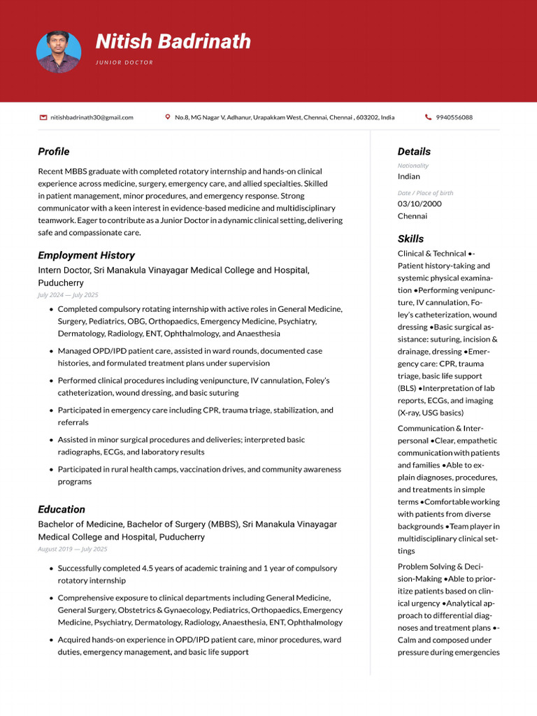 Junior Doctor Resume - India | PDF | Medicine | Health Care