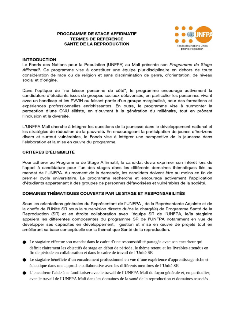 Programme de Stage Affirmatif UNFPA Mali | PDF | Gestion de projet