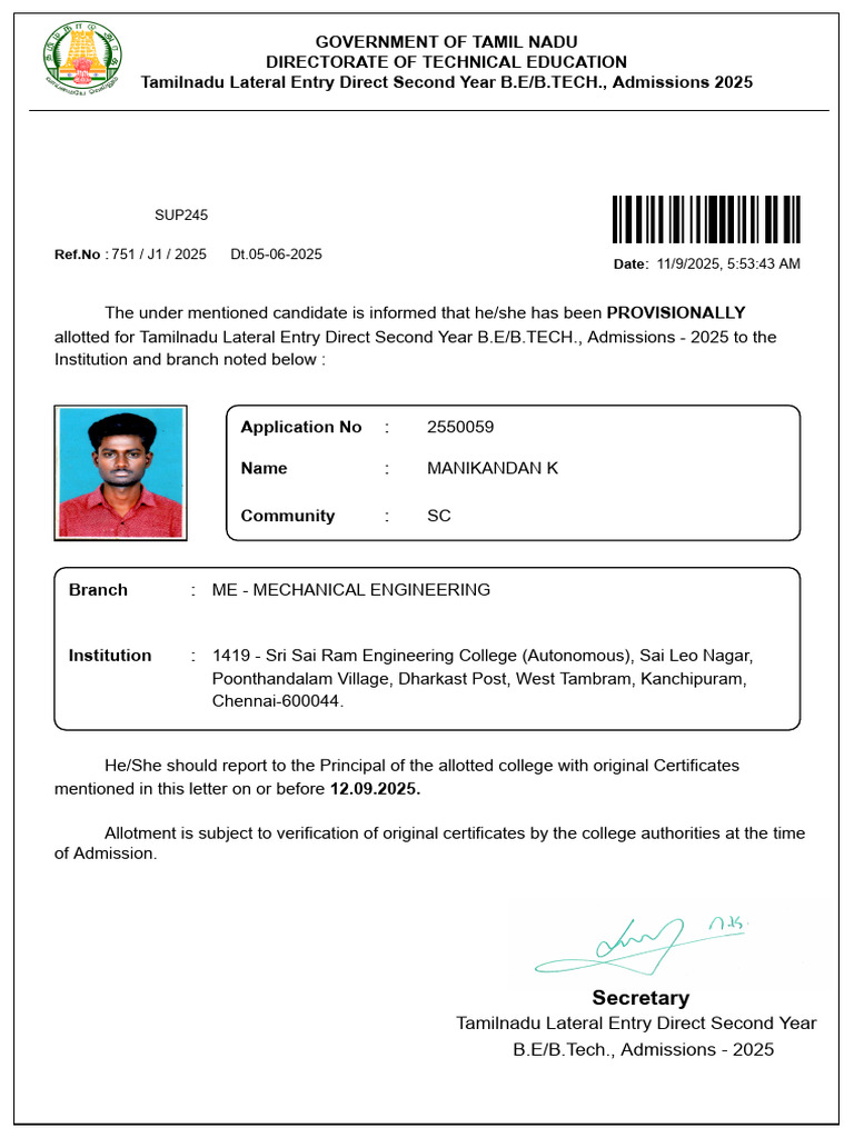 TN Lateral Entry B.E/B.Tech Admission 2025 | PDF
