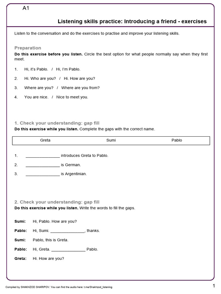 A1 Listening Practice Exercises | PDF