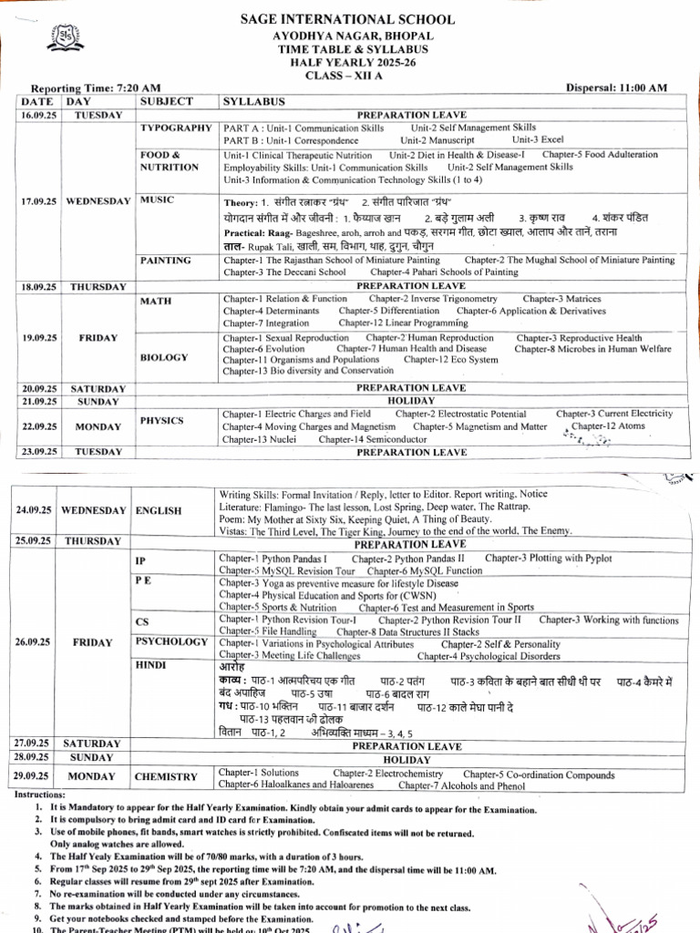 Class 12 Half Yearly Exam Schedule 2025 | PDF