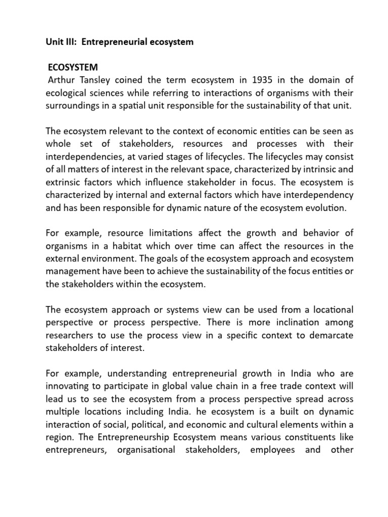 Unit III Ecosystem Entrepenure | PDF | Entrepreneurship | Startup Company
