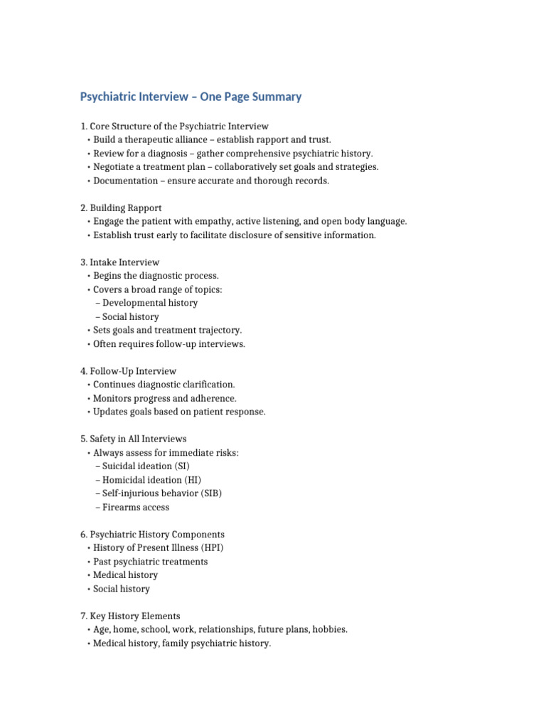 Psychiatric Interview Summary Guide | PDF