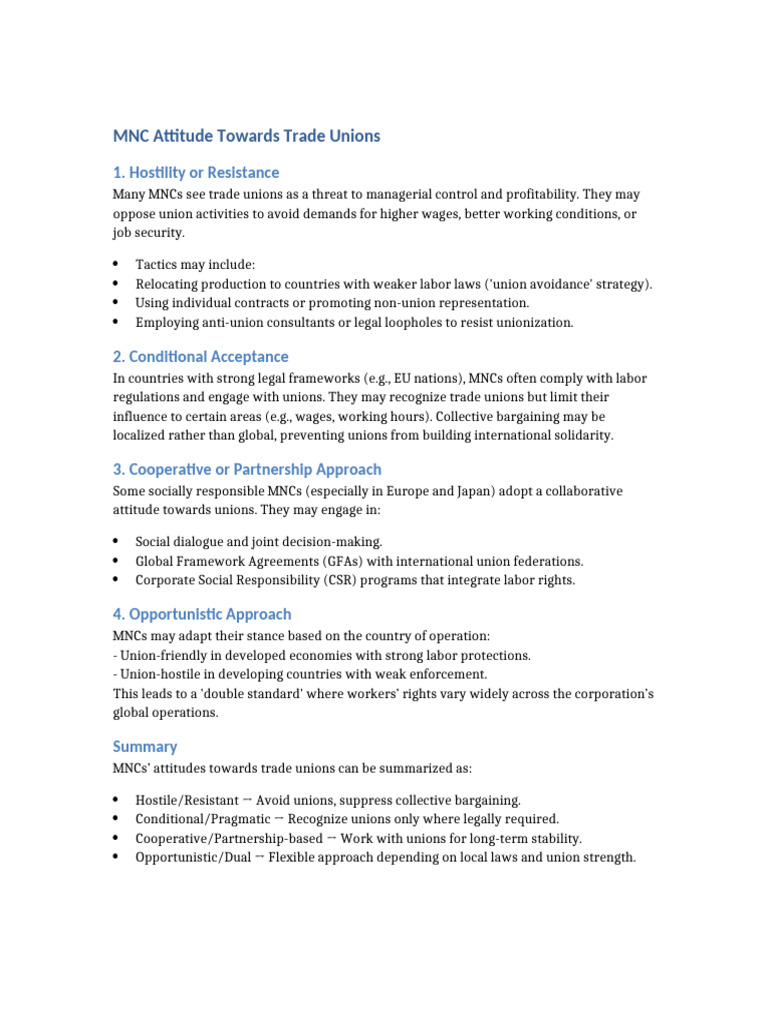 Multination NC - Attitude - Towards - Trade - Unions | PDF