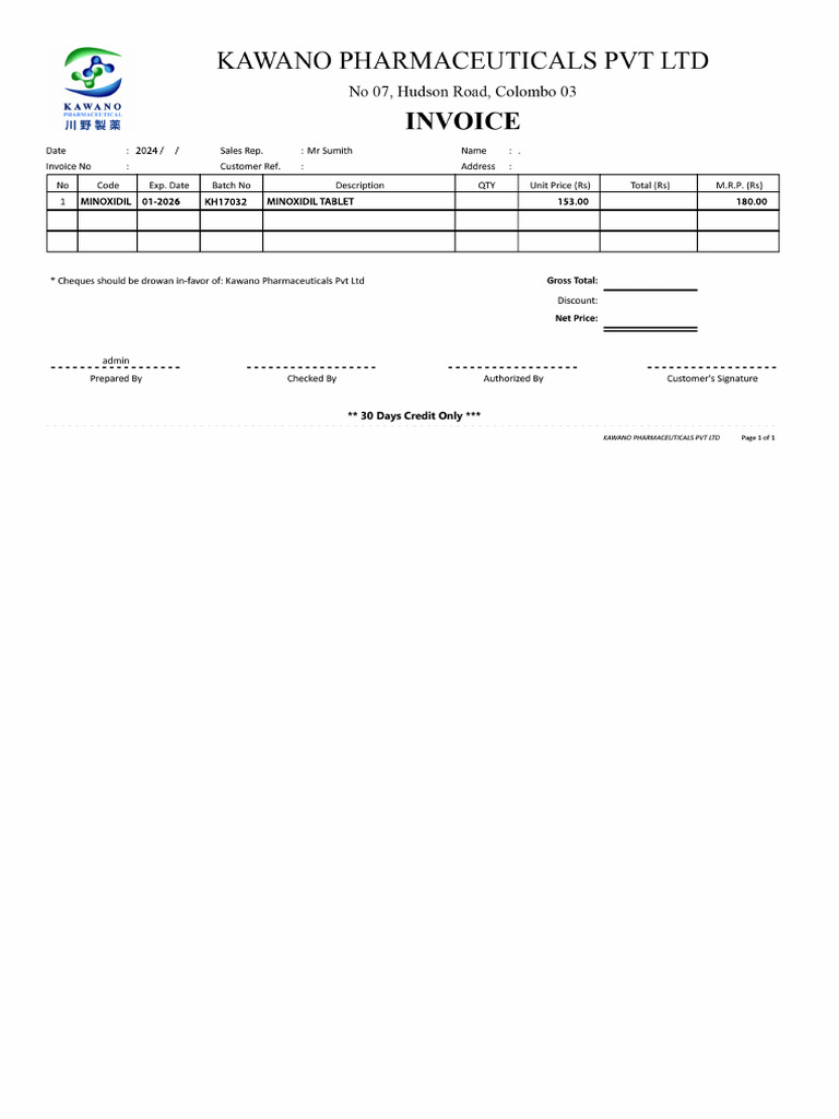 Minoxidil Tablet Invoice | PDF