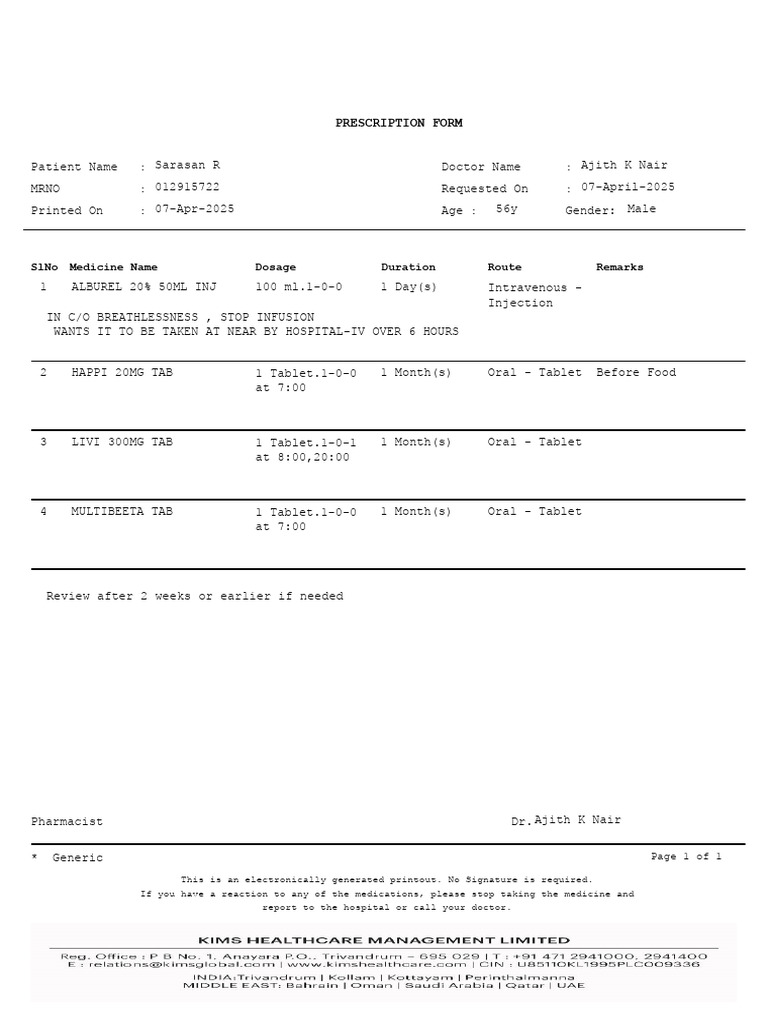 Prescription Form: Page 1 of 1 | PDF