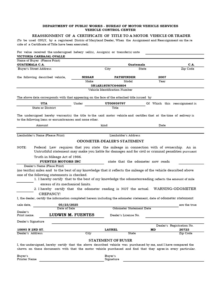 Titulo Reassignment FUENTES MOTORS CLENTE 425925 | PDF | Lien | Vehicles