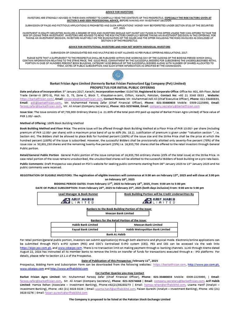 Barkat Frisian Agro Limited Prospectus With Dates | PDF | Initial Public  Offering | Securities (Finance)