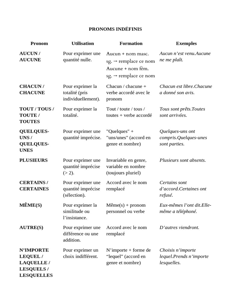 Guide des pronoms indéfinis en français | PDF