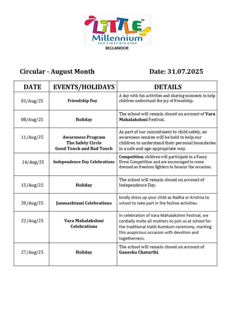 August Events and Holidays Schedule | PDF