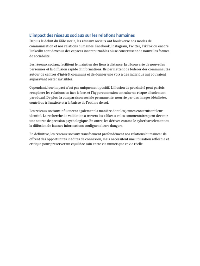 Impact des réseaux sociaux sur les relations | PDF