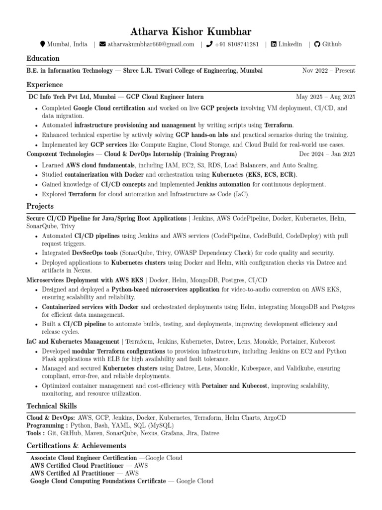 Cloud Engineer Intern Resume - Atharva Kumbhar | PDF | Cloud Computing ...