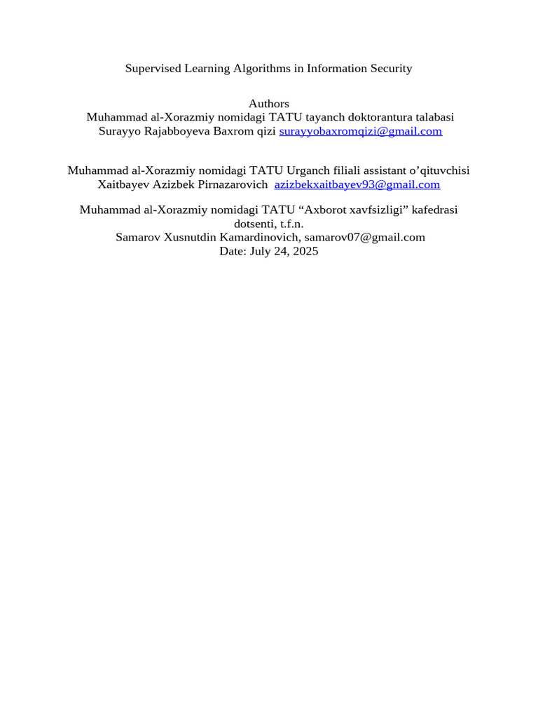 Supervised Learning in Cybersecurity | PDF | Machine Learning | Security