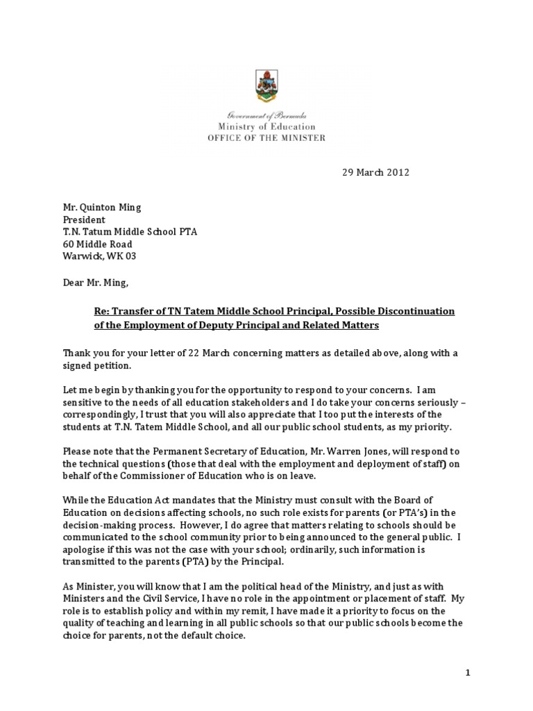 Complaint letter to minister of education image