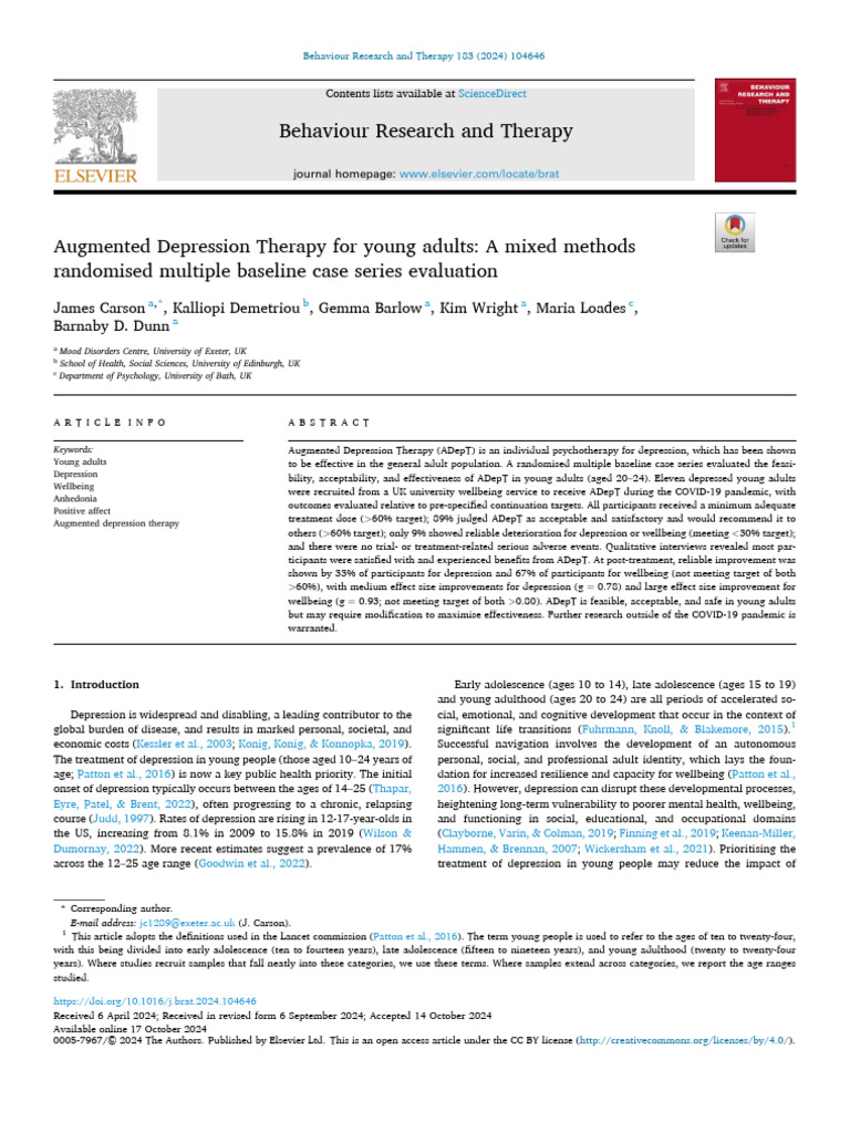 Augmented Depression Therapy for Young Adults | PDF | Major Depressive ...