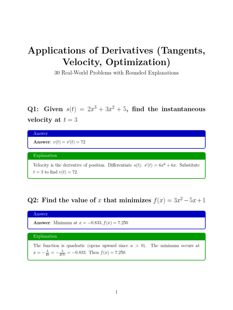 Derivative Applications: Velocity & Optimization | PDF | Derivative | Slope