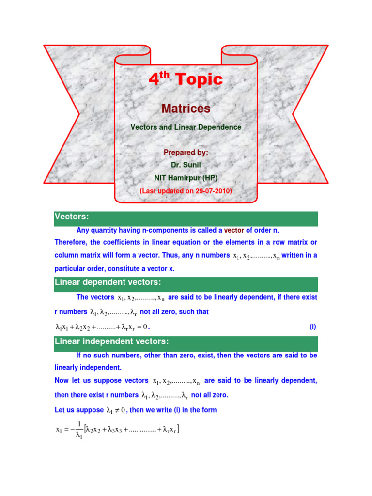 4.vectors and Linear Dependence | PDF | Matrix (Mathematics) | Applied ...