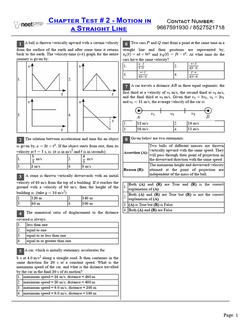 Motion in a Straight Line Test Questions | PDF | Acceleration | Velocity