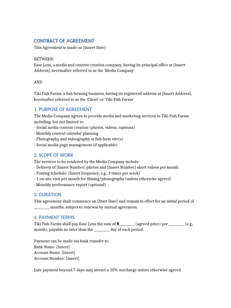 Media Services Agreement for Tiki Fish Farms | PDF | Civil Law (Legal ...
