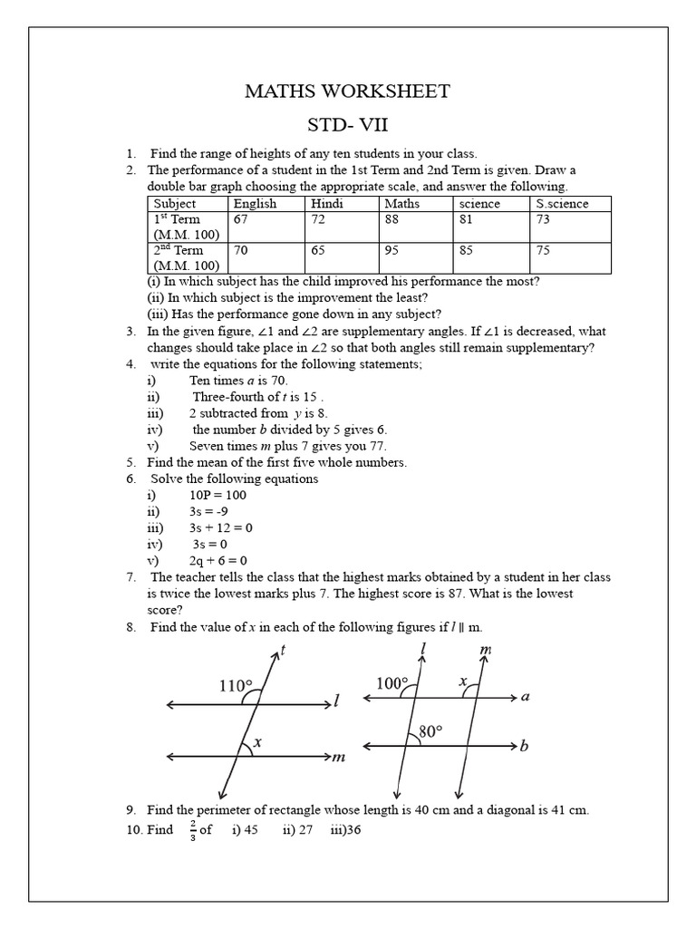 Maths Worksheet for Grade 7 Students | PDF | Triangle | Elementary Geometry