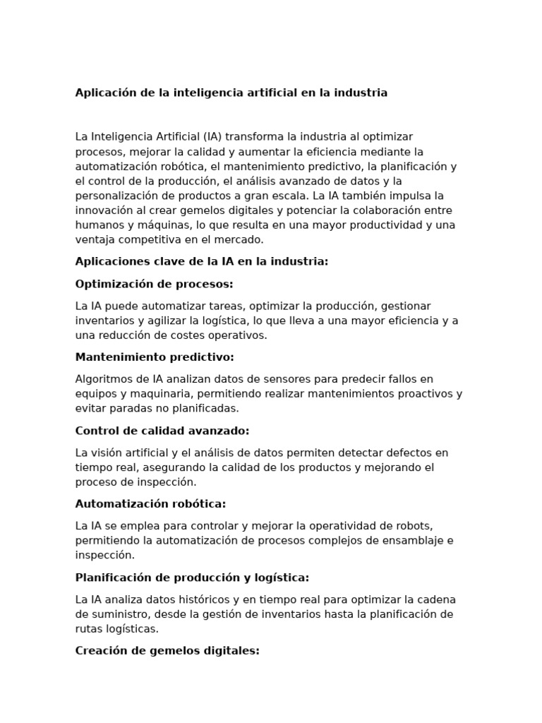 Aplicación de La Inteligencia Artificial en La Industria Tarea | PDF ...
