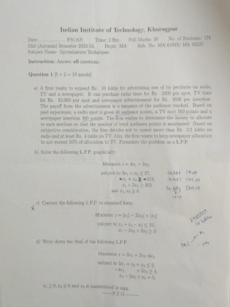 Optimization Techniques Exam Paper | PDF | Algorithms | Mathematical ...