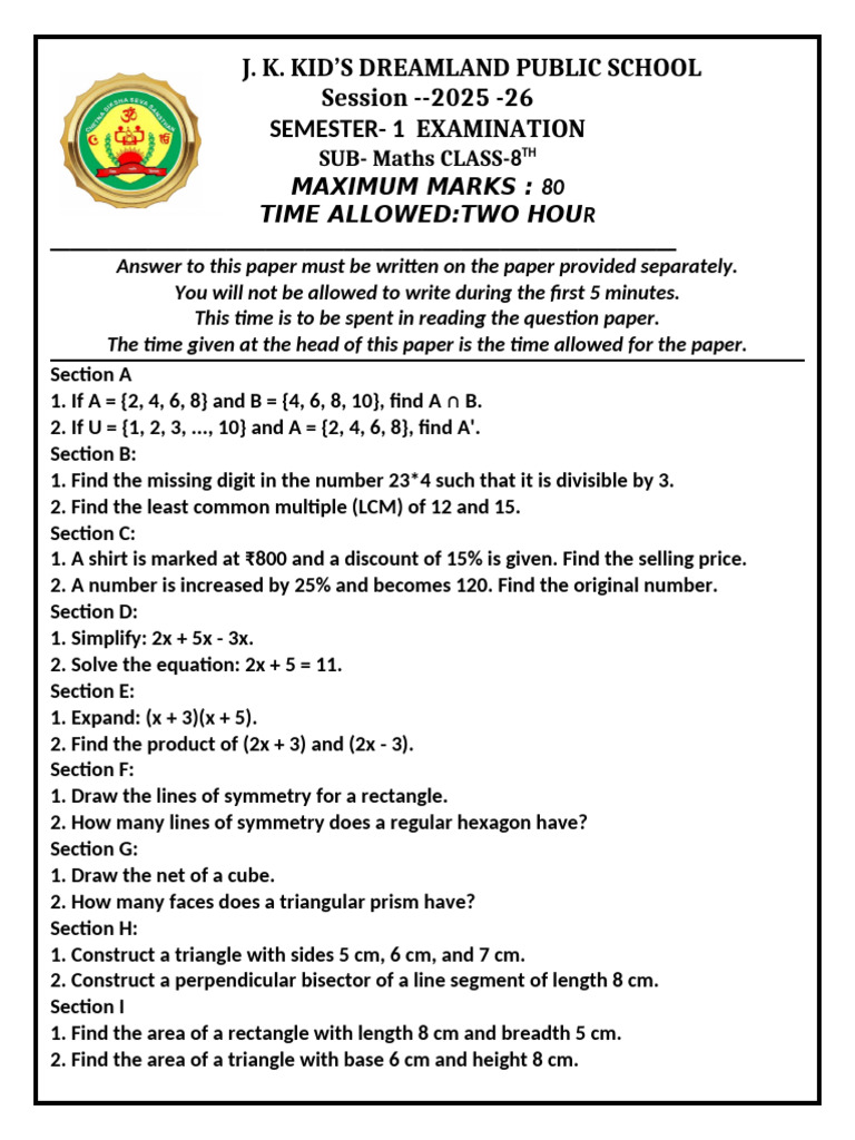 Class 8 Maths Exam Paper 2025-26 | PDF