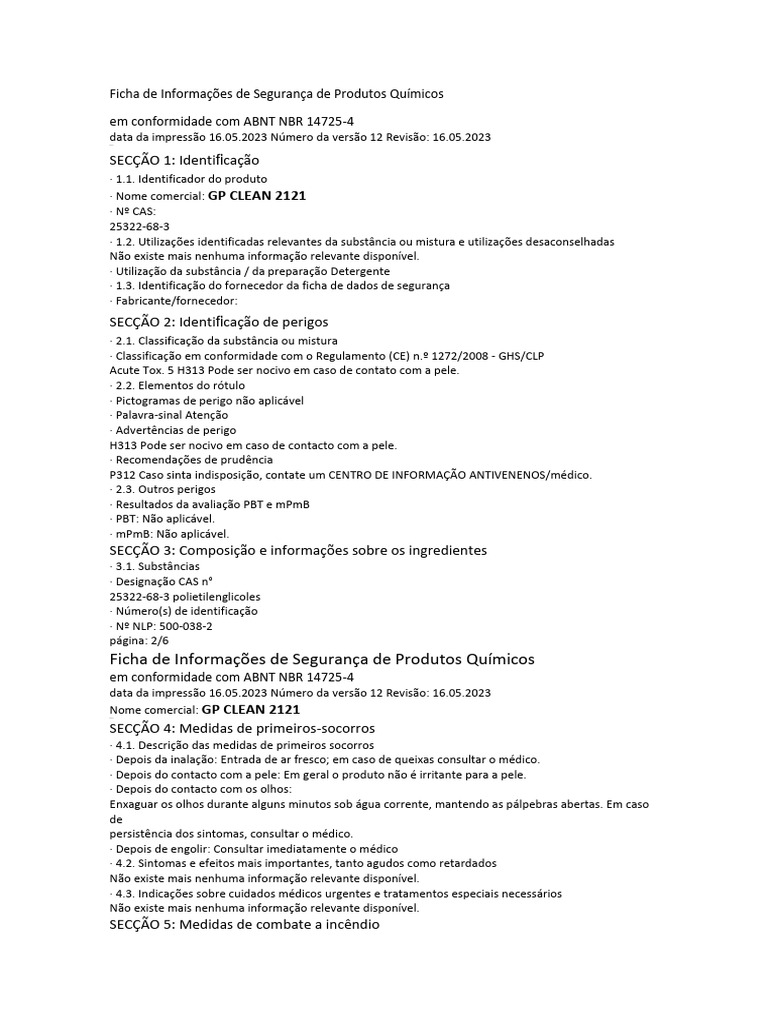 Ficha de Segurança GP CLEAN 2121 | PDF | Toxicidade | Desperdício
