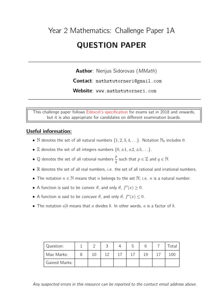 Year 2 Maths Challenge Paper 1A | PDF | Numbers | Function (Mathematics)