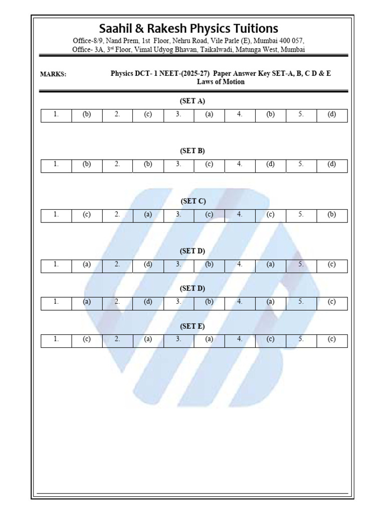 Physics DCT - 1 Neet - (2025-27) Paper Answer Key Set-A, B, C D & e | PDF