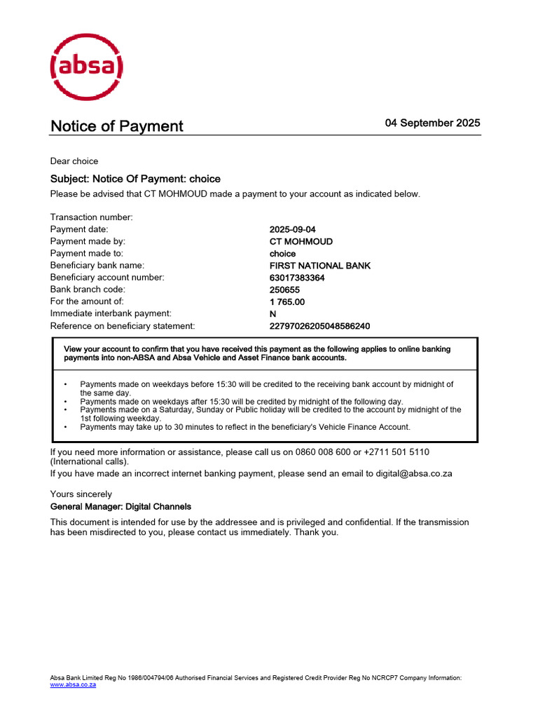 Absa Payment Notification for Beneficiary | PDF