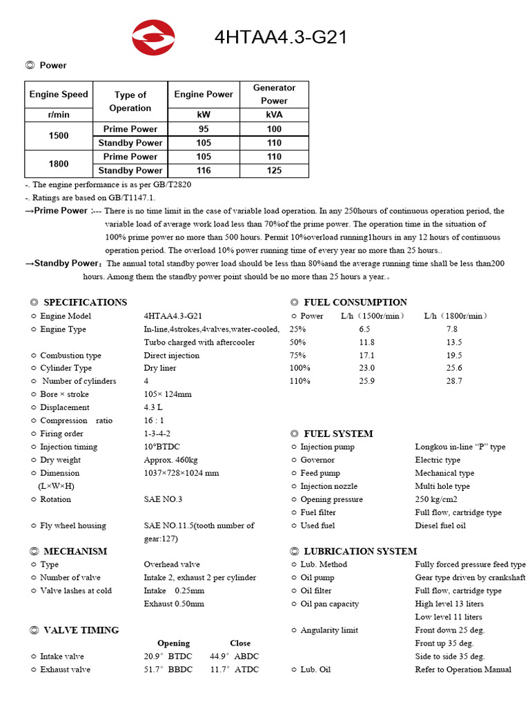 4HTAA4.3-G21 Engine Specifications | PDF | Engines | Pump