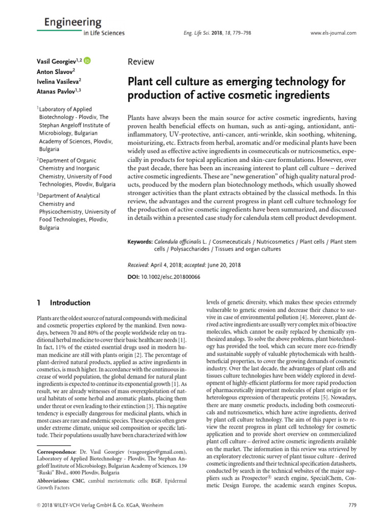 Plant Cell Culture in Cosmetics | PDF | Natural Products | Polyphenol