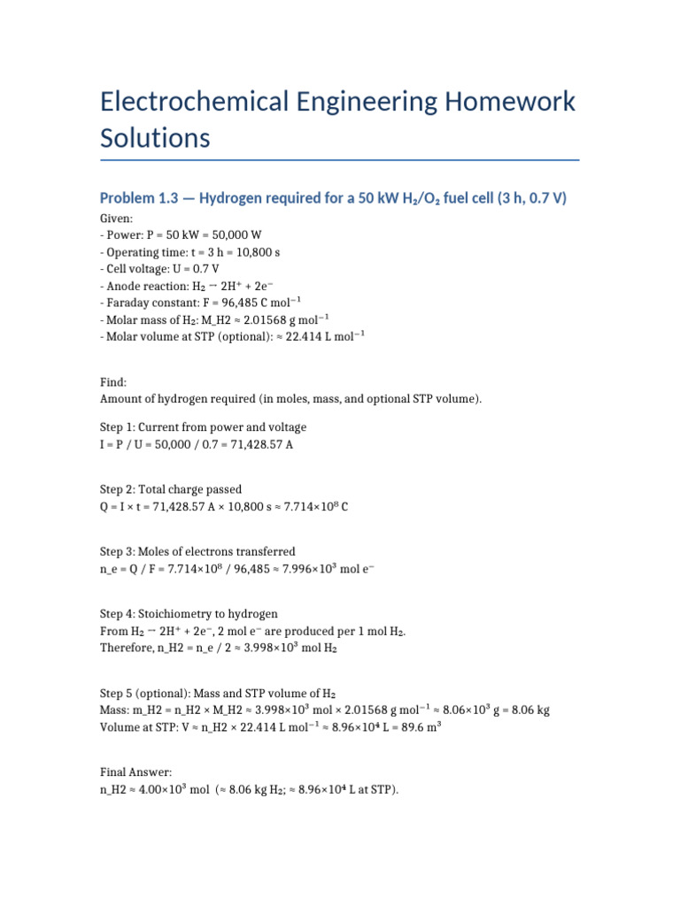 Hydrogen Calculation for Fuel Cell | PDF