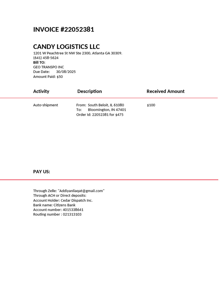 Candy Logistics Invoice #22052381 | PDF
