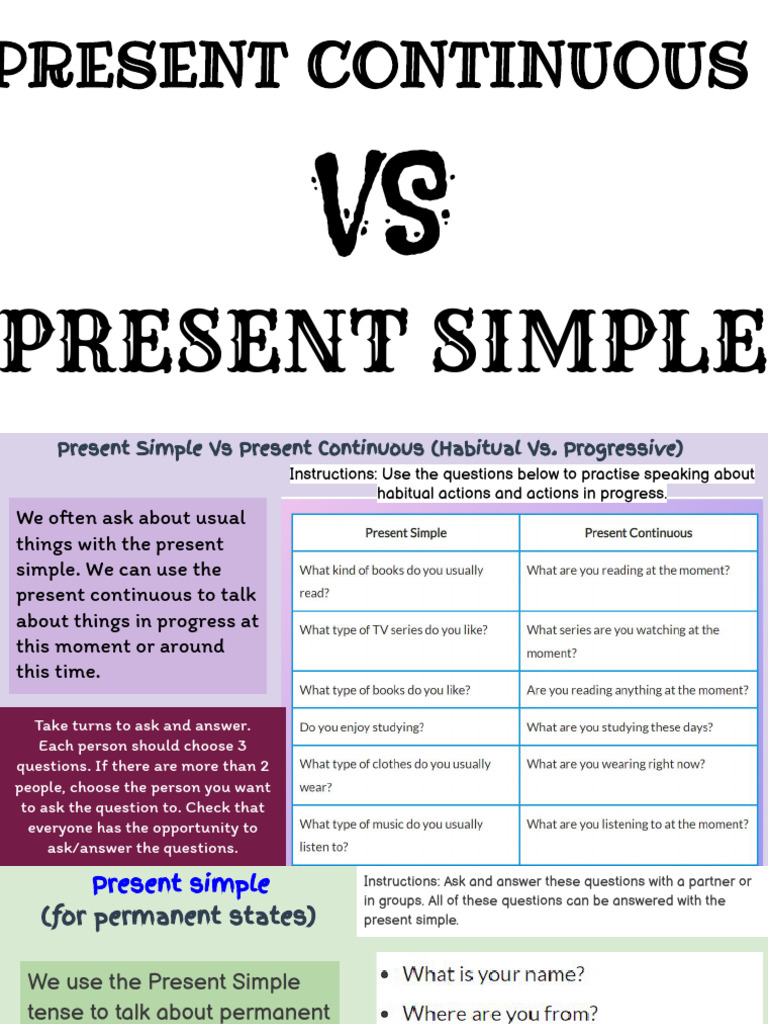 Present Simple vs Present Continuous Guide | PDF | Verb | Language ...