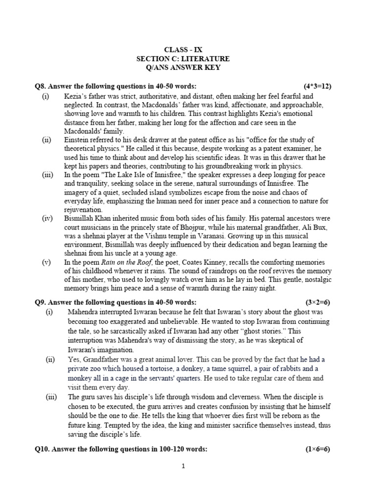 Literature Answer Key for Class IX | PDF | Psychology