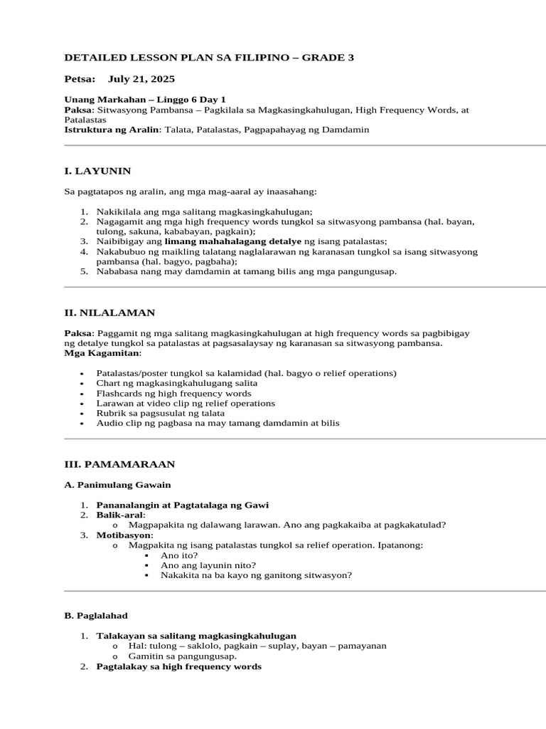 Detailed Lesson Plan Sa Filipino | PDF | Reading Comprehension | Vocabulary