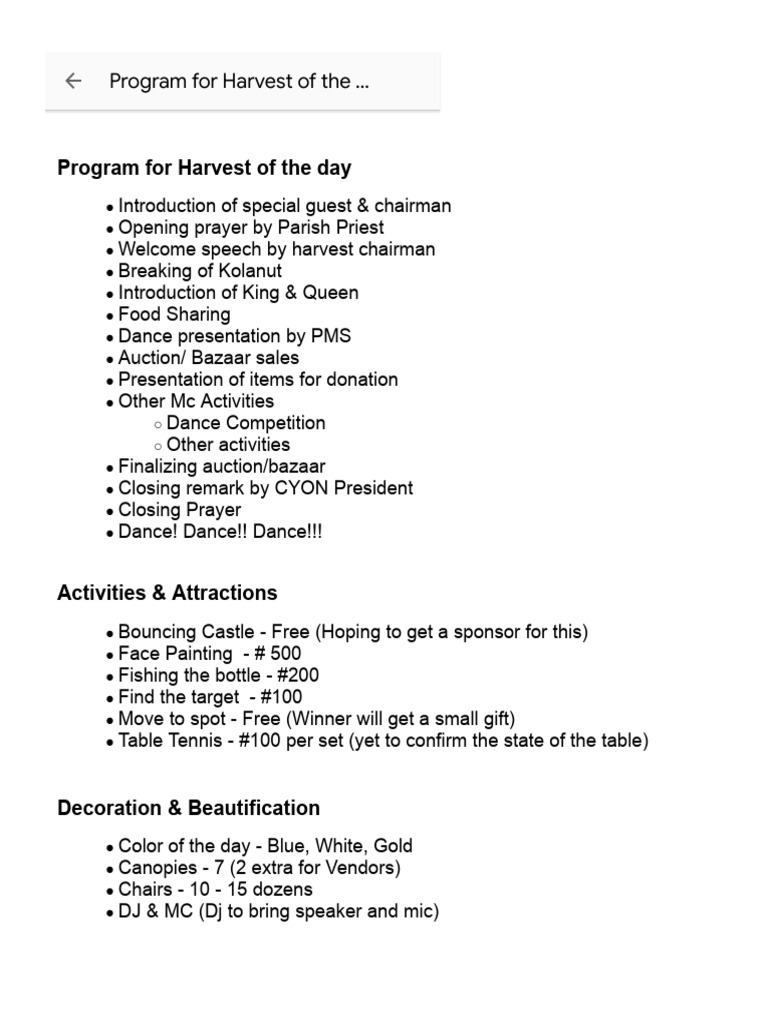 Harvest Day Program and Activities | PDF