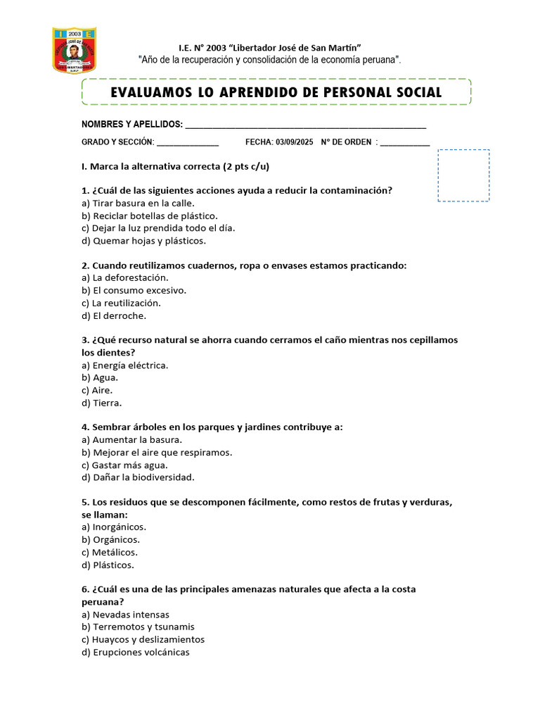 03-09 Examen de Personal Social | PDF