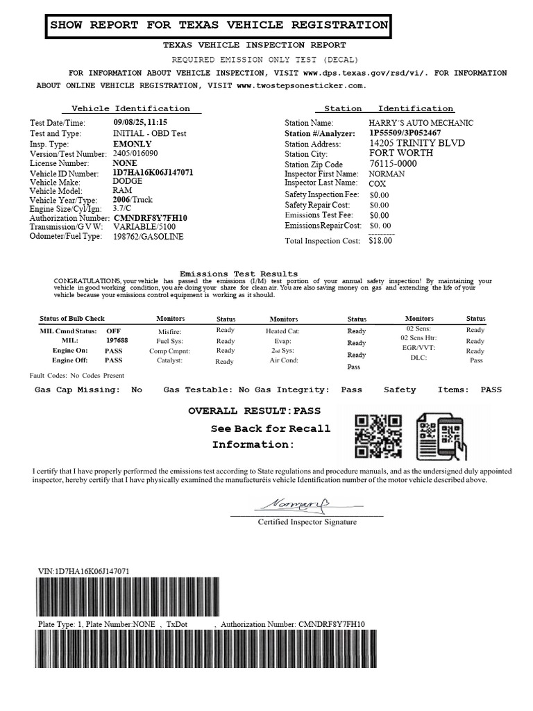 Texas Vehicle Inspection Report | PDF | Vehicles | Automotive Industry