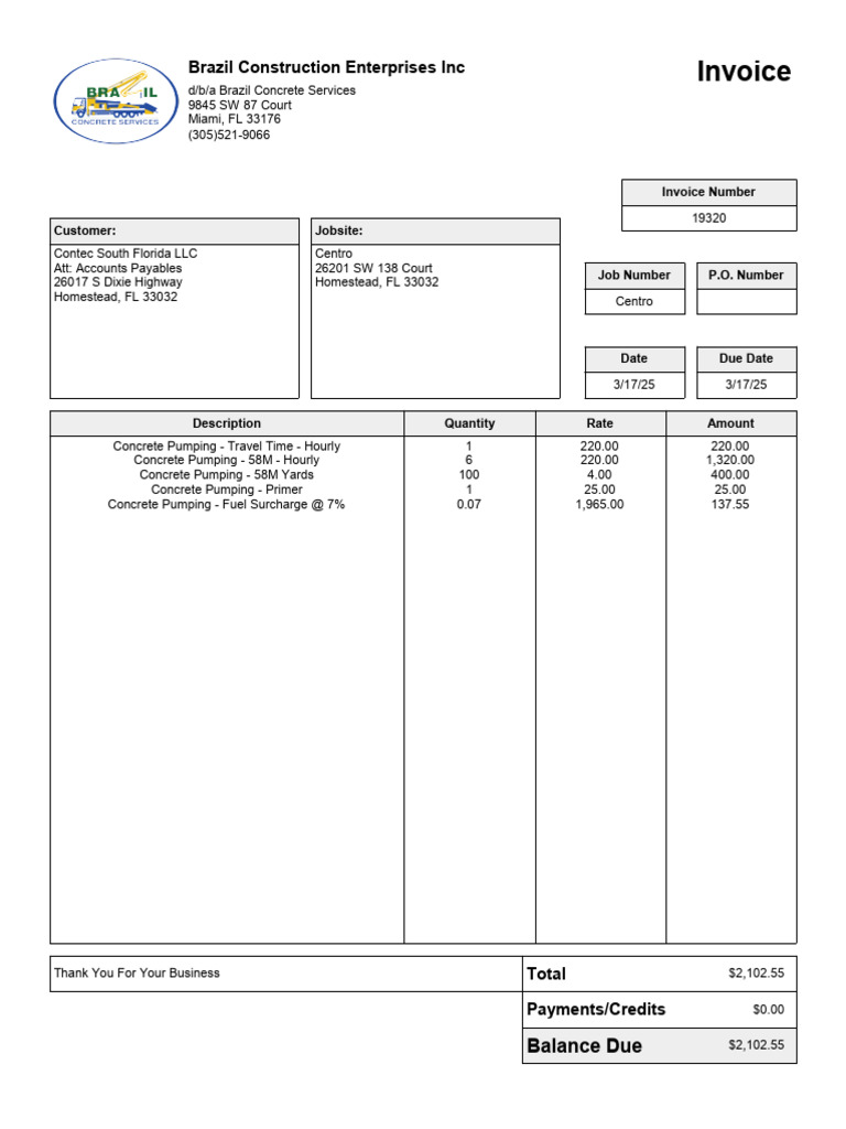 Inv 19320 From Brazil Construction Enterprises Inc 7620 | PDF