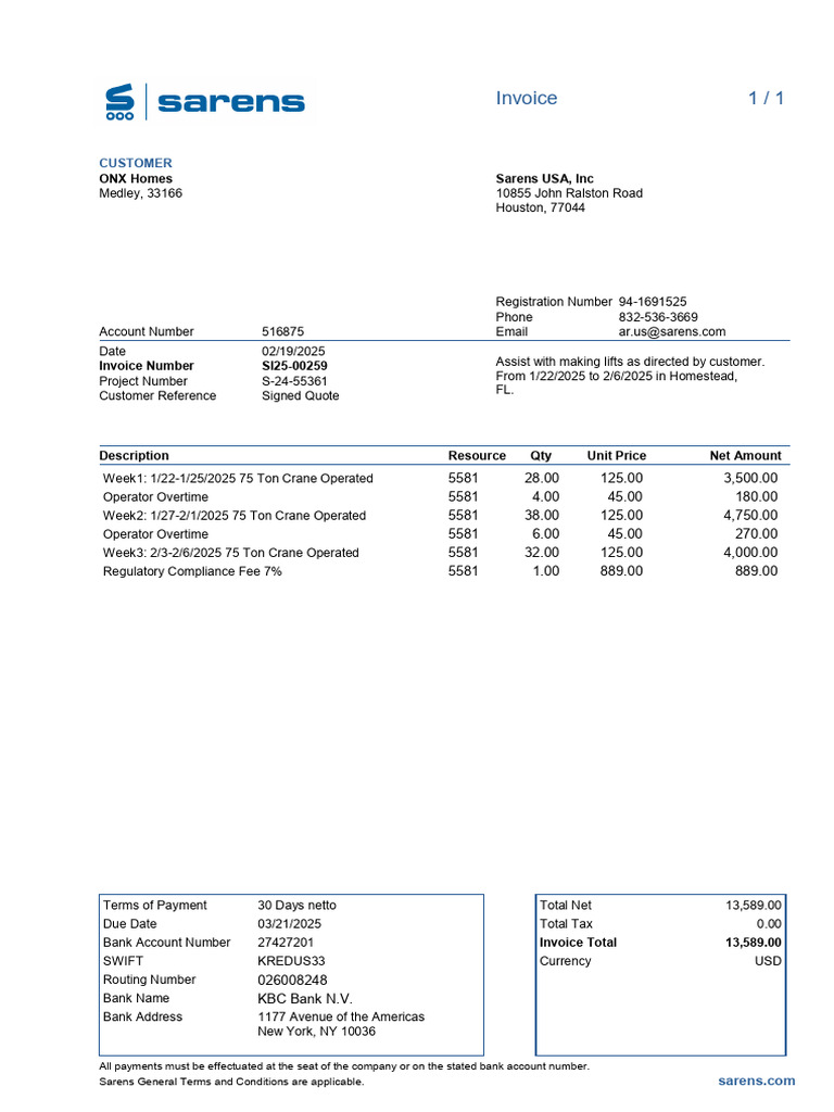 Sarens USA Invoice SI25-00259 | PDF | Economies | Payments