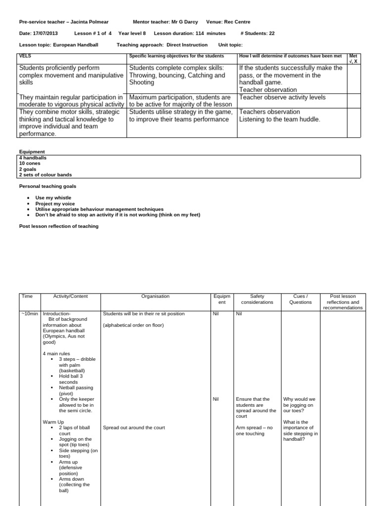 European Handball Lesson Plan for Year 8 | PDF | Learning | Team Sports