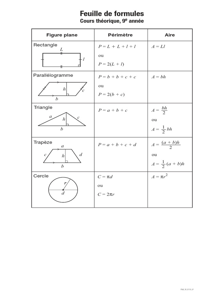 Formules de géométrie 9e année | PDF | Zone | Géométrie