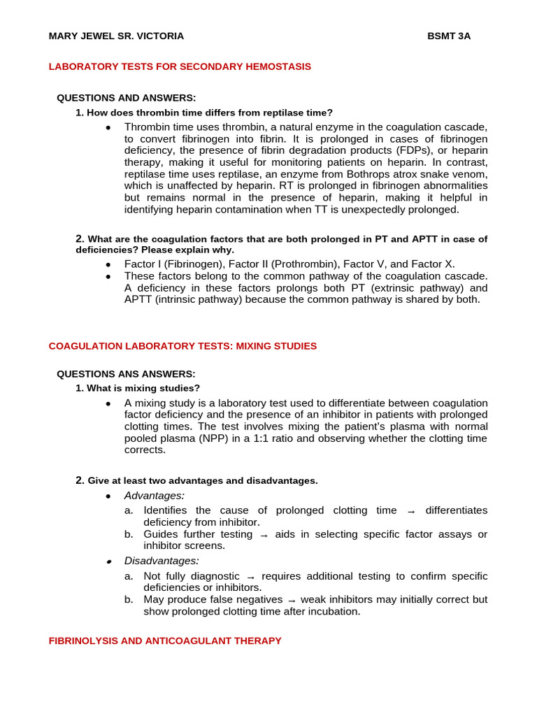 Laboratory Tests for Hemostasis Explained | PDF | Coagulation | Thrombus