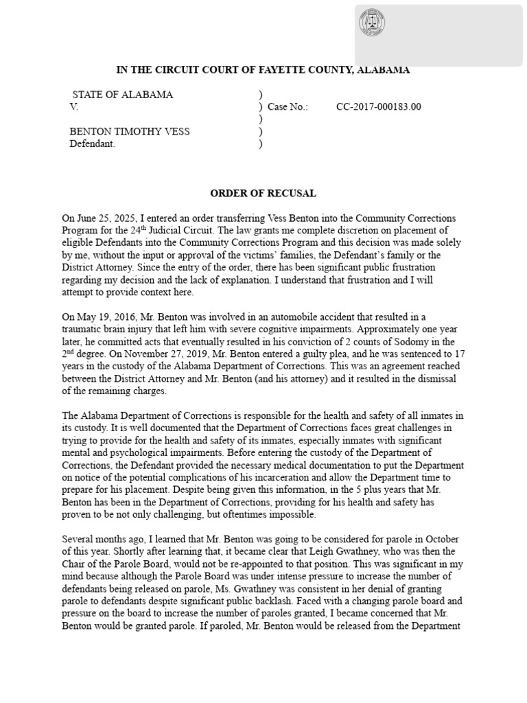 Judge Junkin's Recusal Order on Benton | PDF | Parole | Penology